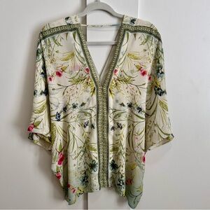Rose + Olive Floral V-neck Top Butterfly Botanical Flowy Popover Easy Fit NWT L